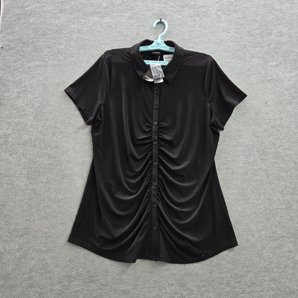 TORRID Women Top 1X Black Studio Knit Shirred Front Button Up Ruched Collar NWT - Picture 1 of 9